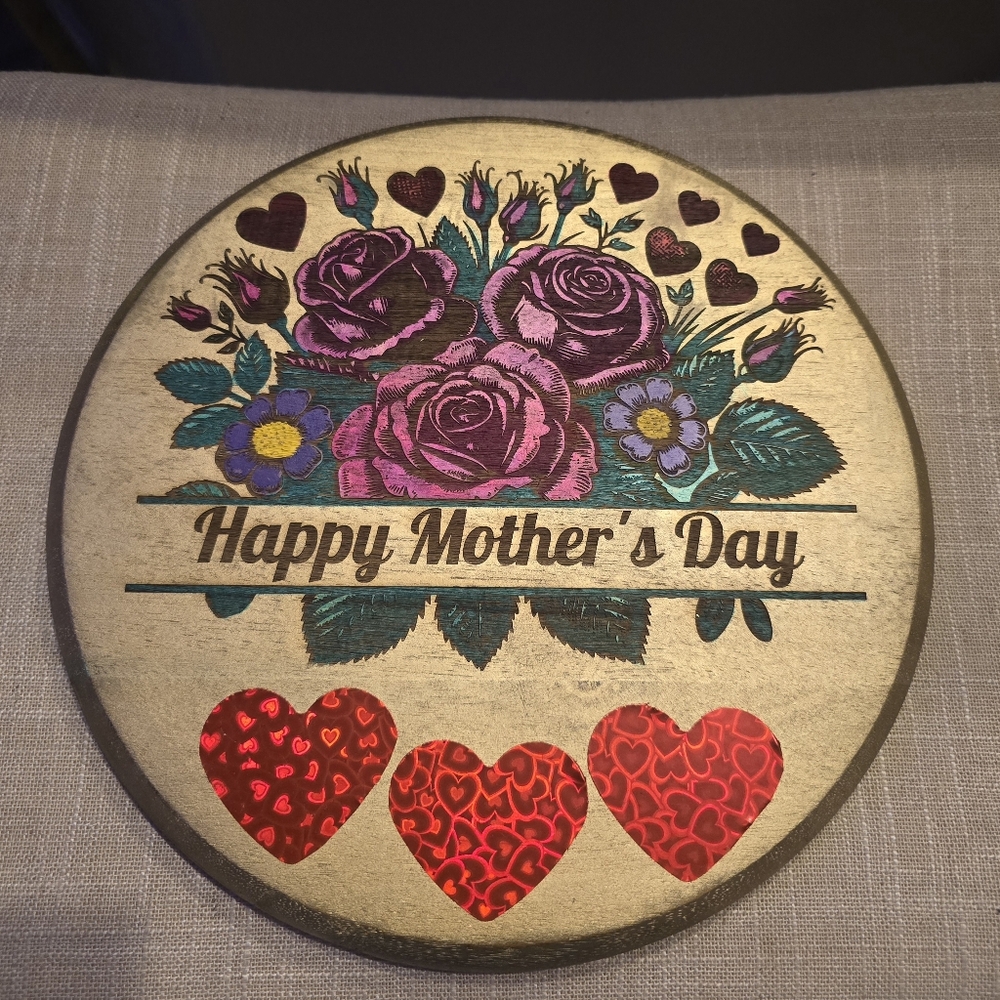 Happy Mother's Day Wooden Plaque with Pink Roses. 9" Round, Lasered Hand Painted